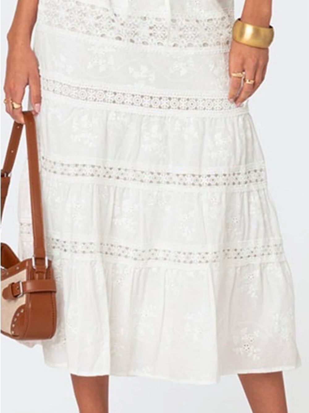 Edikted White Eyelet Tiered Midi Skirt